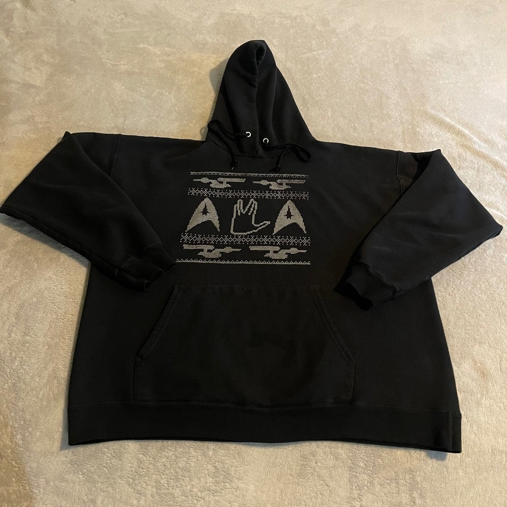 Vintage 90s Hanes‎ Star Trek Vulcan Salute Hoodie Mens Large Black Sweatshirt